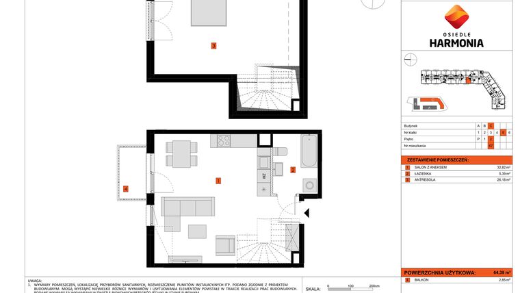 Rzut - Mieszkanie na sprzedaż 1 pokój o powierzchni 64,39 m² - numer C.67 w Osiedle Harmonia