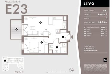 Rzut - Mieszkanie na sprzedaż 2 pokoje o powierzchni 39,85 m² - numer E23 w Livo