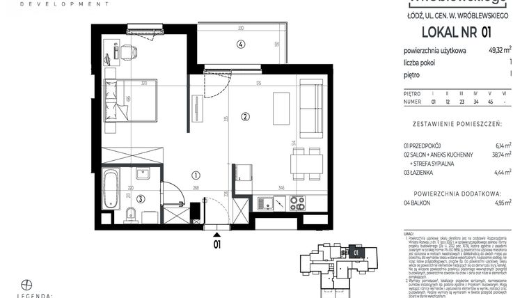 Rzut - Mieszkanie na sprzedaż 1 pokój o powierzchni 49,32 m² - numer A01 w Wróblewskiego