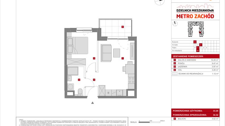 Rzut - Mieszkanie na sprzedaż 2 pokoje o powierzchni 33,2 m² - numer G.85 w Dzielnica Mieszkaniowa Metro Zachód - etap 8