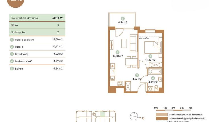 Rzut - Mieszkanie na sprzedaż 2 pokoje o powierzchni 38,13 m² - numer D47-3 w Fauna