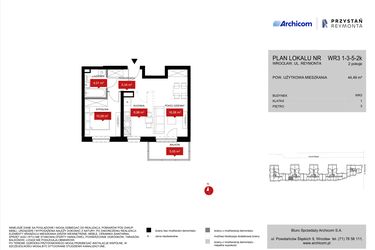 Rzut - Mieszkanie na sprzedaż 2 pokoje o powierzchni 44,49 m² - numer WR3 1/3/5/2k w Przystań Reymonta etap II