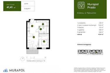 Rzut - Mieszkanie na sprzedaż 2 pokoje o powierzchni 41,41 m² - numer 1.D.0.02 w Murapol Prado