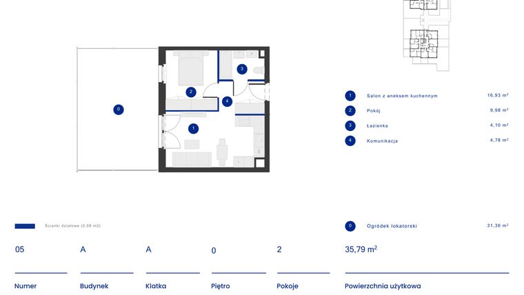 Rzut - Mieszkanie na sprzedaż 2 pokoje o powierzchni 35,79 m² - numer A.05 w Osiedle Inverso