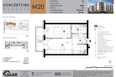 Rzut - Mieszkanie na sprzedaż 2 pokoje o powierzchni 43,7 m² - numer B1.20 w Koncertowe Wzgórze