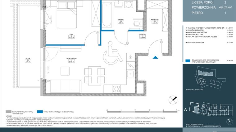 Rzut - Mieszkanie na sprzedaż 2 pokoje o powierzchni 49,53 m² - numer A.1.2.4 w Meri Apartamenty