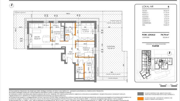 Rzut - Mieszkanie na sprzedaż 3 pokoje o powierzchni 74,74 m² - numer 6 w Tarasy Międzylesie