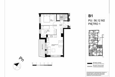 Rzut - Mieszkanie na sprzedaż 3 pokoje o powierzchni 56,12 m² - numer B1 w Apartamenty Kopernika - etap II
