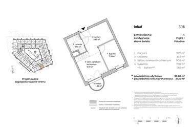 Rzut - Mieszkanie na sprzedaż 1 pokój o powierzchni 31 m² - numer 1.16 w OVAL SKY