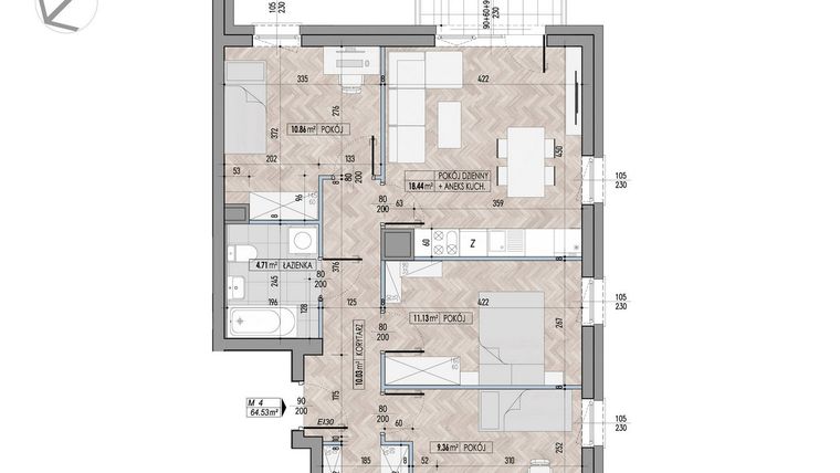 Rzut - Mieszkanie na sprzedaż 4 pokoje o powierzchni 64,53 m² - numer 4 w Kamienica przy Ciepłej