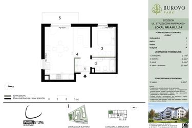 Rzut - Mieszkanie na sprzedaż 2 pokoje o powierzchni 43,96 m² - numer A.1.14 w Bukovo Park