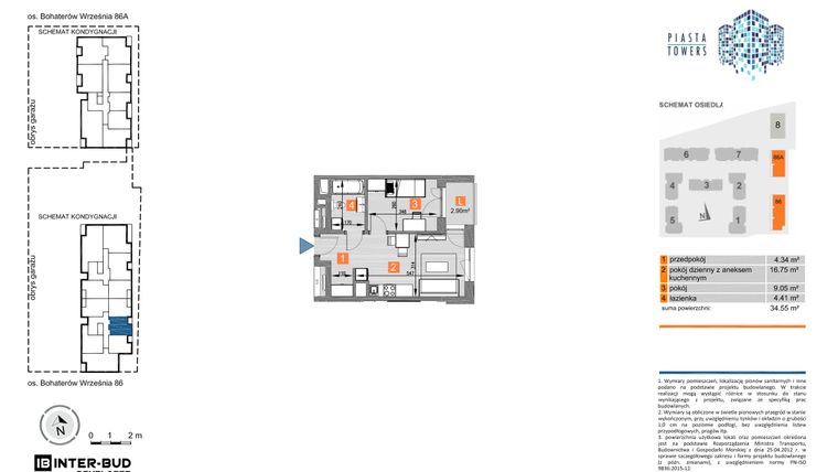 Rzut - Mieszkanie na sprzedaż 2 pokoje o powierzchni 34,55 m² - numer 86.19 w Piasta Towers bud. 86 i 86A