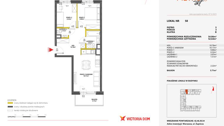 Rzut - Mieszkanie na sprzedaż 3 pokoje o powierzchni 54,86 m² - numer 58 w Metro Art 8