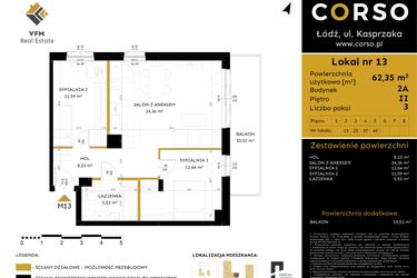 Rzut - Mieszkanie na sprzedaż 3 pokoje o powierzchni 62,35 m² - numer 2A.13 w Corso etap 2