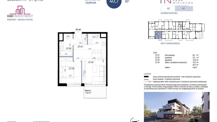 Rzut - Mieszkanie na sprzedaż 2 pokoje o powierzchni 40,7 m² - numer A1-27 w Park Mielecka