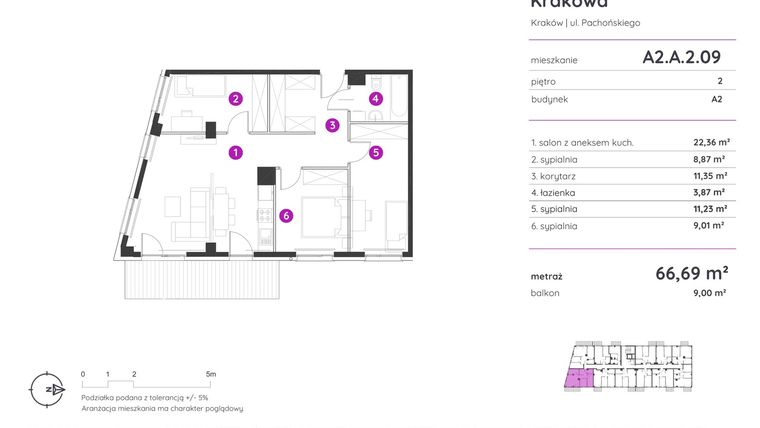 Rzut - Mieszkanie na sprzedaż 4 pokoje o powierzchni 66,69 m² - numer A2.A.2.09 w Murapol Parki Krakowa