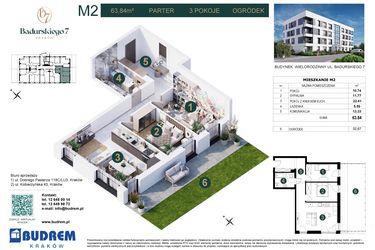 Rzut - Mieszkanie na sprzedaż 3 pokoje o powierzchni 63,84 m² - numer 2 w Badurskiego 7