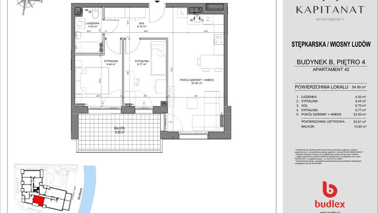 Rzut - Mieszkanie na sprzedaż 3 pokoje o powierzchni 54,95 m² - numer 42.B w Kapitanat Apartamenty