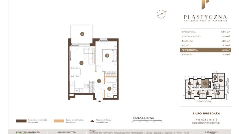 Rzut - Mieszkanie na sprzedaż 2 pokoje o powierzchni 46,35 m² - numer PK-LM-18 w Plastyczna Kamienica przy Sympatycznej