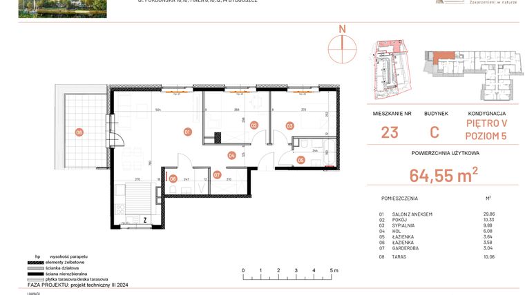 Rzut - Mieszkanie na sprzedaż 3 pokoje o powierzchni 64,55 m² - numer 16.23 w Osiedle Nowe Horyzonty etap II