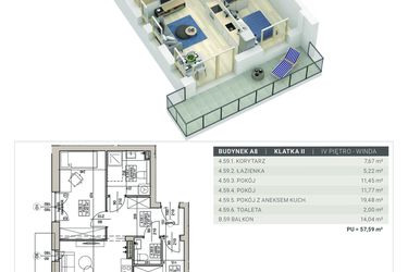 Rzut - Mieszkanie na sprzedaż 3 pokoje o powierzchni 57,59 m² - numer A.8.M59 w Sobola Biel A8