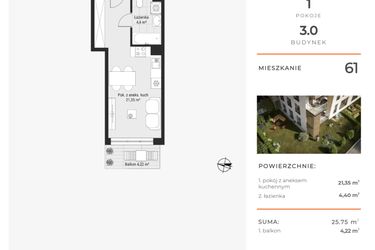 Rzut - Mieszkanie na sprzedaż 1 pokój o powierzchni 25,71 m² - numer 61 w Bytkowska 3.0