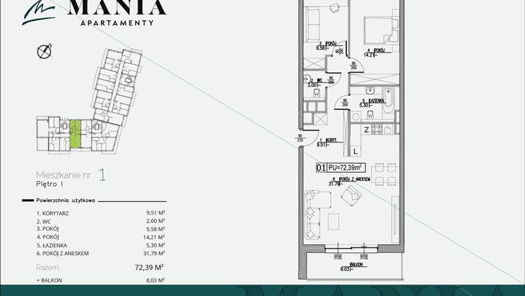 Rzut - Mieszkanie na sprzedaż 3 pokoje o powierzchni 72,39 m² - numer 1 w MANIA Apartamenty