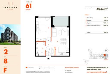 Rzut - Mieszkanie na sprzedaż 2 pokoje o powierzchni 40,63 m² - numer F61 w Panorama Struga