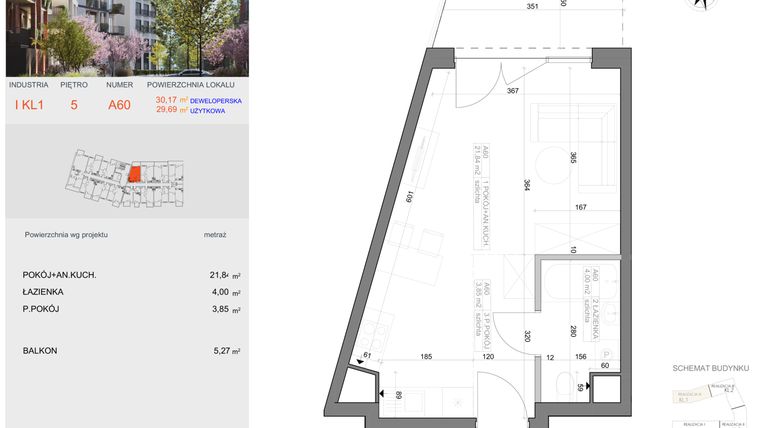 Rzut - Mieszkanie na sprzedaż 1 pokój o powierzchni 29,69 m² - numer I-A60 w Industria etap I-A