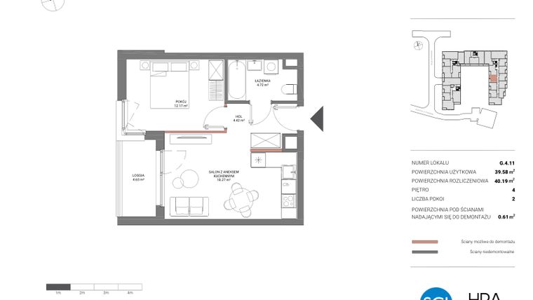 Rzut - Mieszkanie na sprzedaż 2 pokoje o powierzchni 40,19 m² - numer G.4.11 w Łopuszańska 47 - etap 2