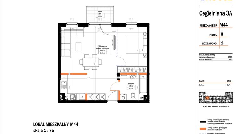 Rzut - Mieszkanie na sprzedaż 1 pokój o powierzchni 54,08 m² - numer 44 w Osiedle StaLove etap II