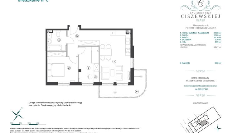 Rzut - Mieszkanie na sprzedaż 3 pokoje o powierzchni 58,67 m² - numer 6 w Kamienica przy Ciszewskiej