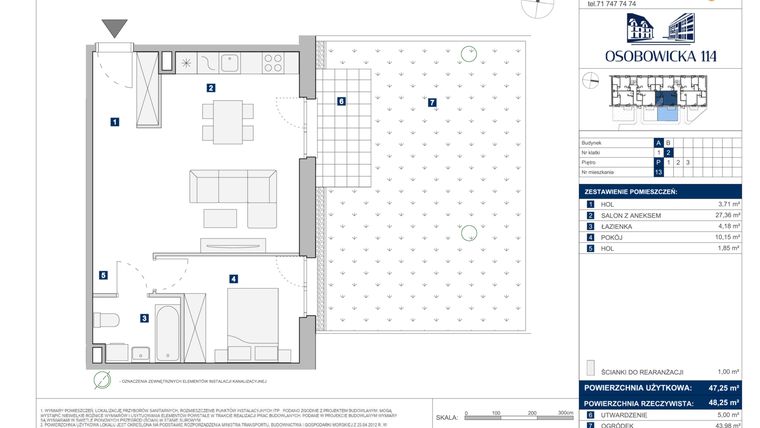 Rzut - Mieszkanie na sprzedaż 2 pokoje o powierzchni 47,25 m² - numer A.13 w Osobowicka 114