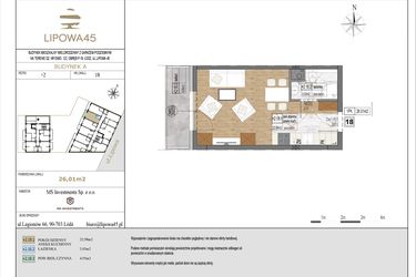 Rzut - Mieszkanie na sprzedaż 1 pokój o powierzchni 26,01 m² - numer A18 w Lipowa 45