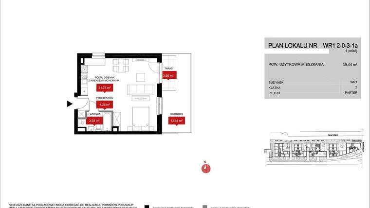 Rzut - Mieszkanie na sprzedaż 1 pokój o powierzchni 39,43 m² - numer WR1 2/0/3/1a w Przystań Reymonta