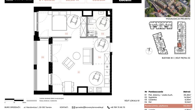 Rzut - Mieszkanie na sprzedaż 2 pokoje o powierzchni 55,55 m² - numer B1.1.51 w Browary Tarnowskie etap 1