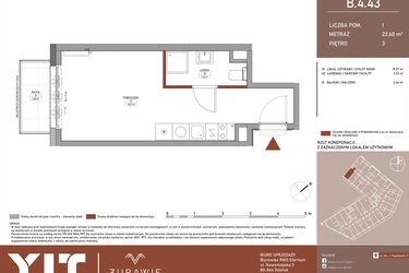 Rzut - Mieszkanie na sprzedaż 1 pokój o powierzchni 22,6 m² - numer B.4.43 w Żurawie - etap II