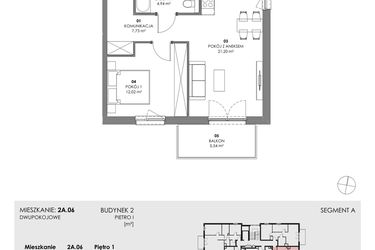 Rzut - Mieszkanie na sprzedaż 2 pokoje o powierzchni 45,89 m² - numer 2A.06 w Akacjowa Wita