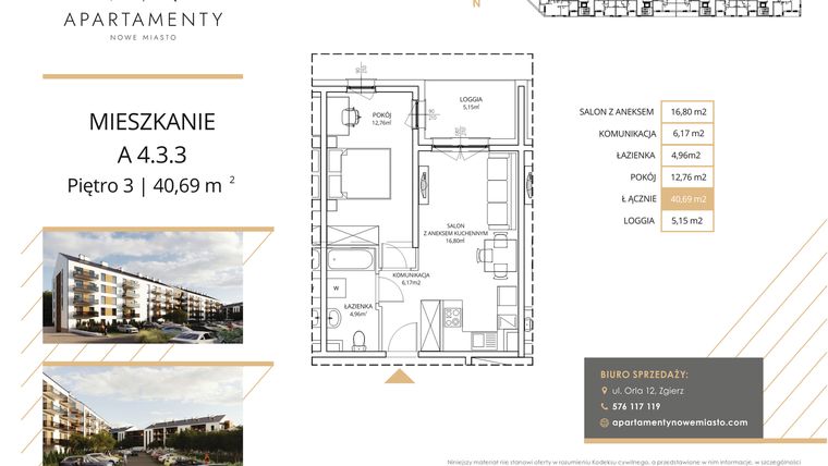 Rzut - Mieszkanie na sprzedaż 2 pokoje o powierzchni 40,69 m² - numer A4.3.3 w Apartamenty Nowe Miasto