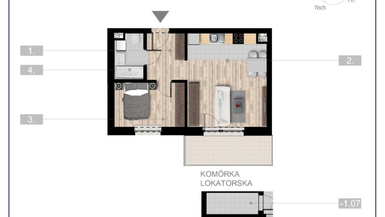 Rzut - Mieszkanie na sprzedaż 2 pokoje o powierzchni 40,8 m² - numer 35 w Szczytno Dąbrowskiego - etap 3
