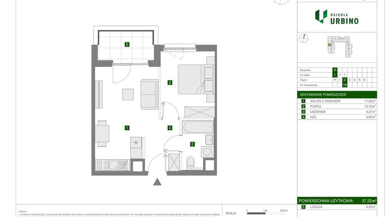 Rzut - Mieszkanie na sprzedaż 2 pokoje o powierzchni 37,22 m² - numer 18 w Osiedle Urbino etap 1.4