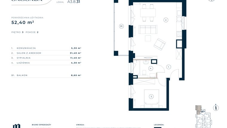 Rzut - Mieszkanie na sprzedaż 2 pokoje o powierzchni 52,4 m² - numer A3.8.31 w Cascada