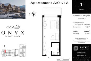 Rzut - Mieszkanie na sprzedaż 1 pokój o powierzchni 30,27 m² - numer 01.A12 w Onyx Resort & Spa