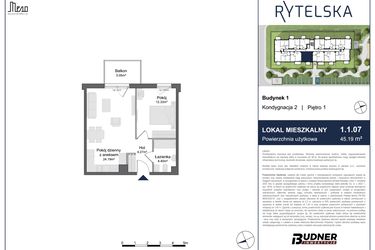 Rzut - Mieszkanie na sprzedaż 2 pokoje o powierzchni 45,19 m² - numer 1.1.07 w Rytelska