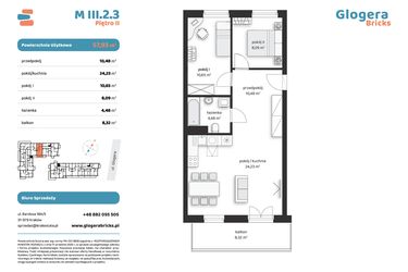 Rzut - Mieszkanie na sprzedaż 3 pokoje o powierzchni 57,93 m² - numer M III.2.3 w Glogera Bricks