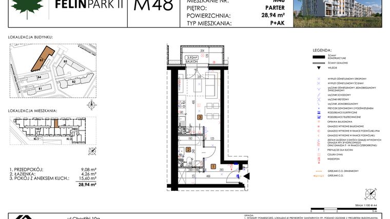 Rzut - Mieszkanie na sprzedaż 1 pokój o powierzchni 28,94 m² - numer M48 w Felin Park II etap 2