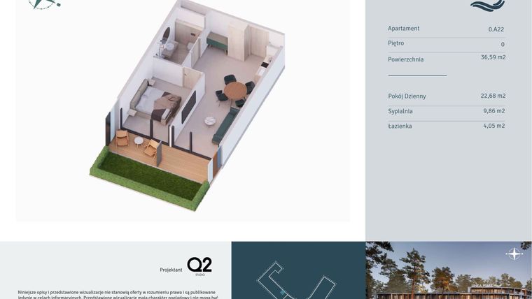 Rzut - Mieszkanie na sprzedaż 2 pokoje o powierzchni 36,59 m² - numer 0.A22 w Linea Mare - apartamenty inwestycyjne