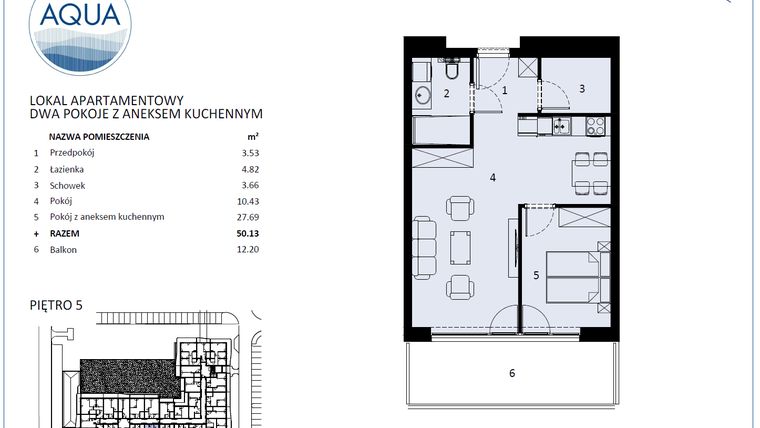 Rzut - Mieszkanie na sprzedaż 2 pokoje o powierzchni 48,85 m² - numer F509 w Polanki Aqua - budynek E i F