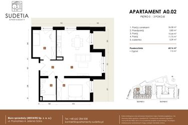 Rzut - Mieszkanie na sprzedaż 3 pokoje o powierzchni 60,16 m² - numer A 0.02 w Apartamenty Sudetia