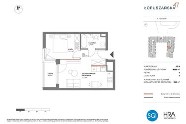Rzut - Mieszkanie na sprzedaż 2 pokoje o powierzchni 40,69 m² - numer J.2.6 w Łopuszańska 47 - etap 3